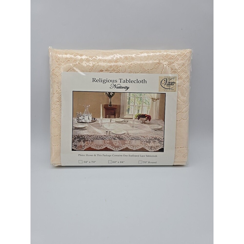 Victoria Classics Religious Tablecloth Nativity Scalloped Lace Tablecloth 60x84